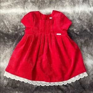 Mayoral Red Pleated Corduroy Dress with Lace Trim 12M